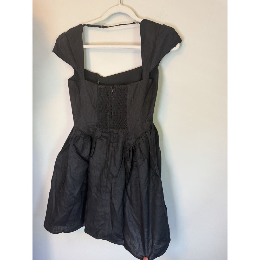 Reformation Oaklyn Cap Sleeve Linen Minidress Black 4 Babydoll Smocked Back NWT - Picture 7 of 16